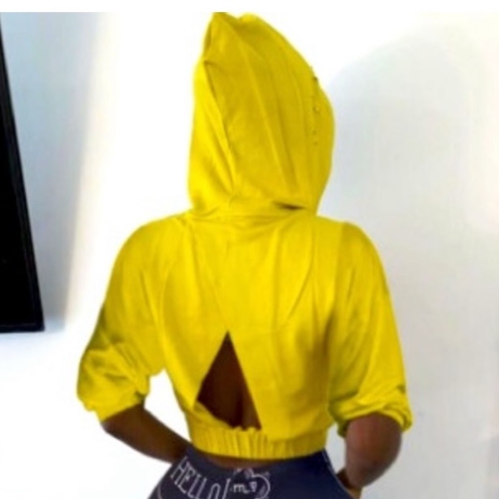 “MONDAY” Distressed Rips W/🔺Shape Open Back, Elastic Waist Crop Pullover Hoodie